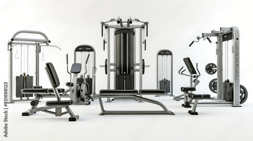Gym Machine Colour A clean and modern gym isolated on a white background, showcasing a ...