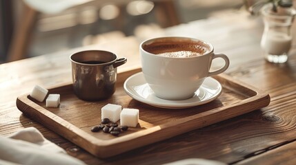 Sticker - A coffee cup placed on a wooden tray with a small pot of cream and sugar cubes.