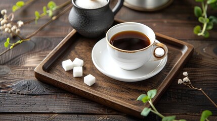 Sticker - A coffee cup placed on a wooden tray with a small pot of cream and sugar cubes.