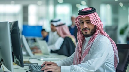 Aufkleber - Middle Eastern businessmen working in a modern office setting. Professional attire and corporate environment. Team collaboration and productivity concept. High-quality and focused work. AI