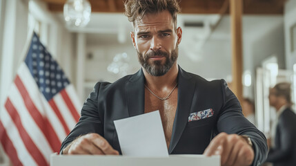 Person casting vote into ballot box. Closeup of hands casting their vote into the ballot box for vote USA, US election season, American voting concept background banner copyspace