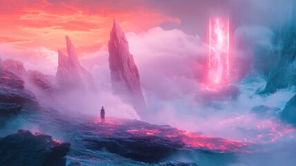 Sticker - A lone figure stands on a rocky landscape with a glowing portal in the distance and a pink sky.