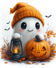 Wall Mural - Adorable Ghost with a Pumpkin, Autumn Leaves, and Bats