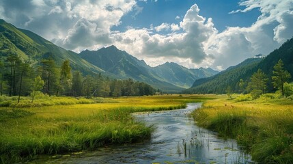 Poster - Serene River Winding Through Mountain Valley