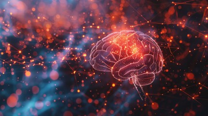 Poster - abstract representation of a human brain connected to a network of glowing nodes and lines