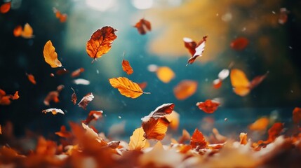 Wall Mural - Falling Autumn Leaves with a Blurry Background