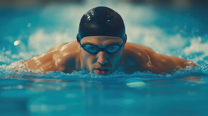 Male Swimmer in Action During Race