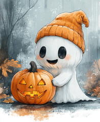 Wall Mural - Adorable Ghost with a Pumpkin, Autumn Leaves, and Bats