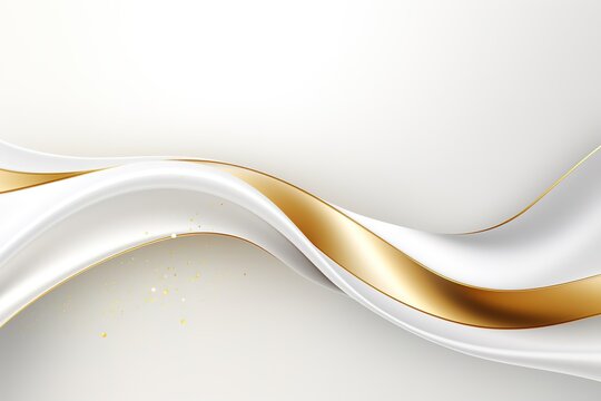 Abstract white and gold background with wavy lines and glitter.