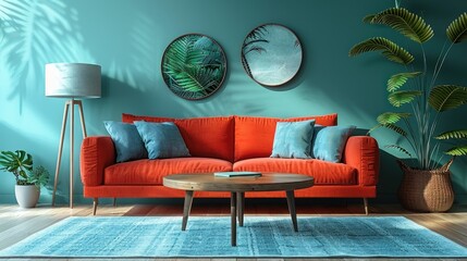 Poster - Modern Living Room with Orange Sofa and Tropical Accents