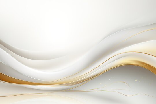 Abstract white and gold background with wavy lines and glowing dots.