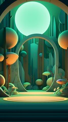 Wall Mural - A surreal green landscape with a circular opening in the middle leading into a forest and a glowing orb at the top, designed in a paper cut style.