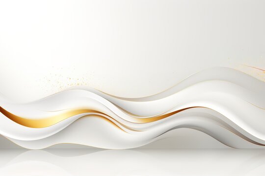 Abstract white and gold background with wavy lines and shimmer.