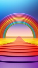 Wall Mural - Abstract 3D rainbow arch over colorful stairs leading to a bright sunset.