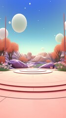 Abstract 3D rendering of a platform with pink and blue landscape and floating orbs.