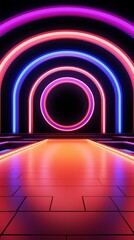 Wall Mural - Abstract background of neon light arches and tiled floor with glowing lines.