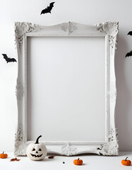 Wall Mural - A white picture frame with black bats hanging around the edges, a small orange pumpkin in the bottom right corner, on a plain white background