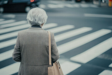 Elderly Person with Gray Hair Waiting at a Crosswalk in an Urban Setting