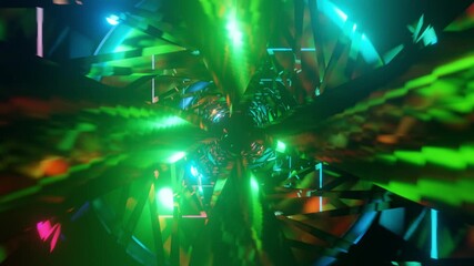 Wall Mural - Abstract background 3D animation moving through shiny glass metal and neon lights tunnel, loop