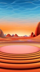 Wall Mural - Abstract geometric landscape with a pink stage in front of mountains and sunset.