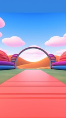 Wall Mural - Abstract red runway leading to colorful archway under blue sky and puffy clouds.