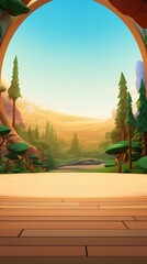 Wall Mural - Cartoon wooden platform with a view of a beautiful forest and a blue sky with clouds in the background.