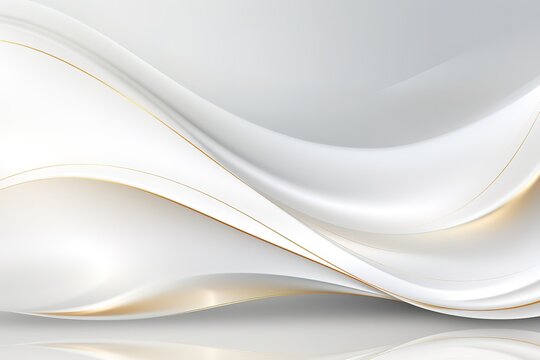 Abstract white and gold flowing background with a soft gradient and a reflective surface.