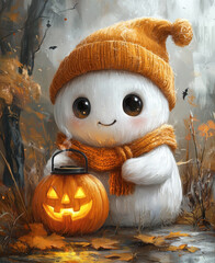 Wall Mural - Adorable Ghost with a Pumpkin, Autumn Leaves, and Bats