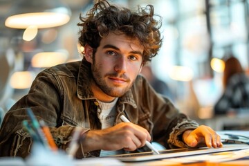 Leinwandbilder - close-up shot of a young male designer using a digital graphic tablet with a stylus at his desk in a creative agency office.