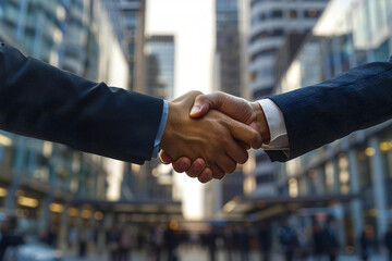 Two businessmen sealing a deal with a firm handshake in a city setting, symbolizing trust and partnership in the corporate world.