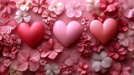 Wall Mural - Red and pink hearts with romantic motifs