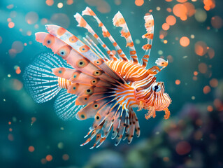 Wall Mural - A fish with orange and white stripes is swimming in the ocean. The fish is surrounded by a blurry background, giving the impression of movement and energy