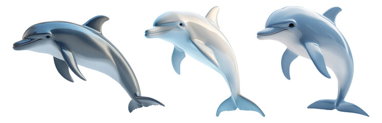 Dolphins in different poses isolated on transparent background