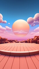 Wall Mural - Pink and orange sky with a large sun and clouds above a circular platform.