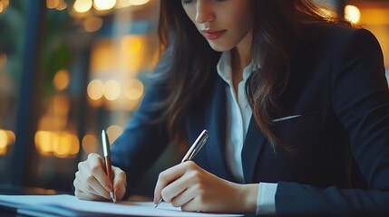 Poster - Businesswoman Signing Contract: A close-up view of a confident businesswoman signing an important document, exuding determination and focus. 