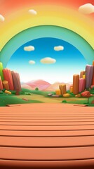 Wooden planks in front of a cartoon landscape with rainbow arch, green hills, and blue sky with clouds.