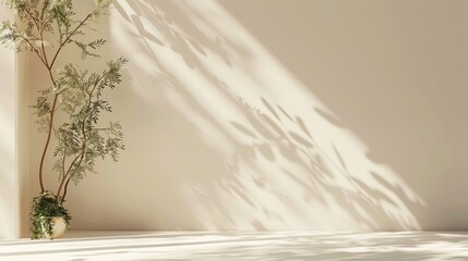 Poster - Minimalistic abstract light beige background for product presentation with light and shadow from the window