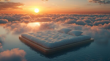 Wall Mural - Bed Floating Above Fluffy Clouds With a Full Moon and Night Sky