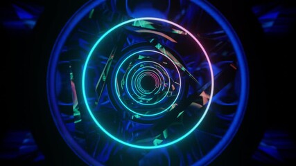 Wall Mural - Abstract background 3D animation moving through shiny glass metal and neon lights tunnel, loop