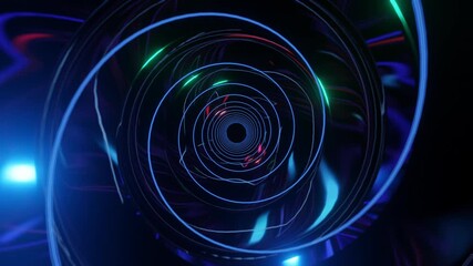 Wall Mural - Abstract background 3D animation moving through shiny glass metal and neon lights tunnel, loop