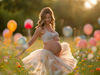 Poster - A pregnant woman is standing in a field of flowers, surrounded by colorful balloons. The scene is bright and cheerful, with the woman's dress and the balloons adding to the festive atmosphere