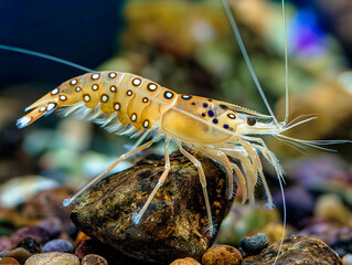 Wall Mural - A small tan and white crab with black spots is sitting on a rock. The crab has a white stripe on its back and is surrounded by a rocky area