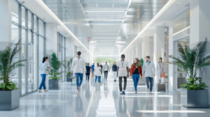 Poster - A group of people walk through a large, empty hallway