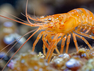 Wall Mural - A small orange crustacean is on a rock. The rock is covered in white and brown spots