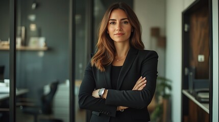 Sticker - The Confidence of Leadership: A portrait of a determined businesswoman in a modern office, exuding authority and poise.