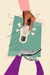 Wall Mural - vertical poster collage lightbulb lamp hands body fragment business idea startup thought eureka deci