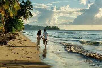 Wall Mural - A husband and wife holding hands while walking along a secluded beach. AI generated