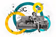 © deagreez - Creative poster banner collage of funny girl sit sofa hold disco ball boom box playing music