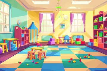 Kindergarten toy room. Kid classroom, nursery preschool daycare, play game child toys indoor playground interior, childish at wall playroom vector Illustration background