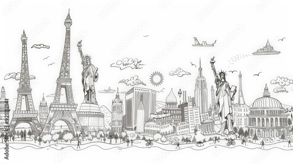 line drawing of famous world landmarks Stock Illustration | Adobe Stock